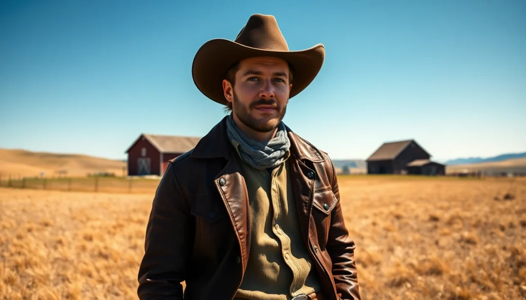 Showcasing western wear Canada with stylish individual in an open field under a bright sky.