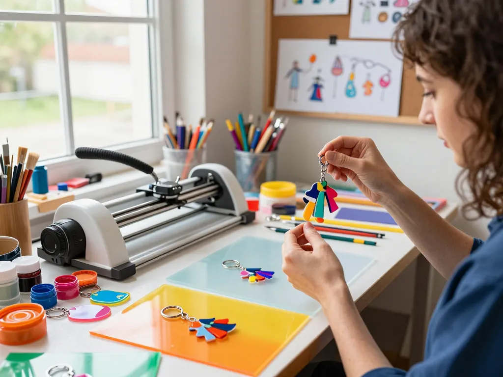 Artist designing custom acrylic keychains in a colorful craft studio.