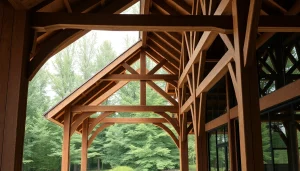 Showcasing timber frame solutions, this image highlights intricate wood craftsmanship and natural beauty.