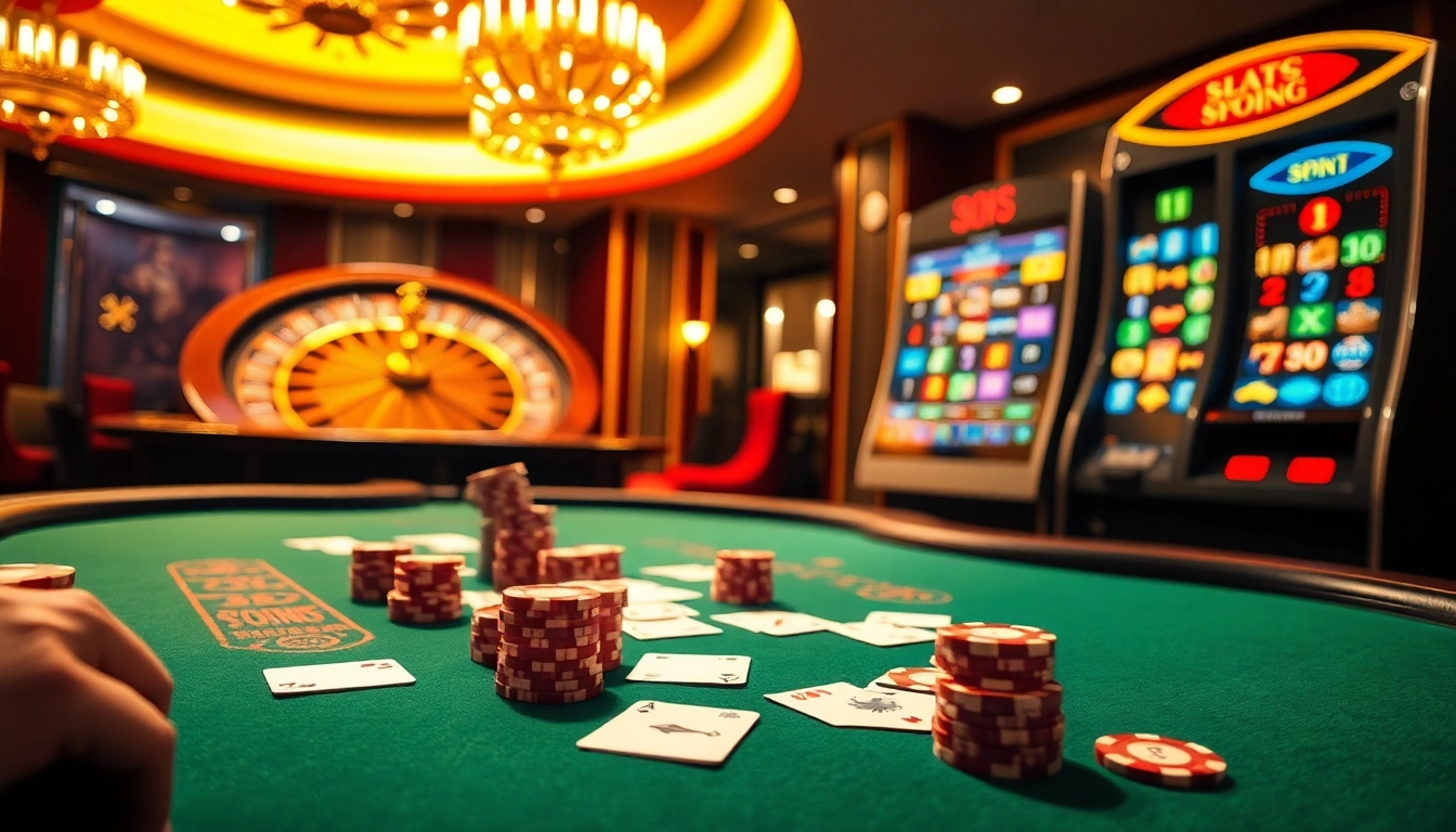 Action de poker passionnante dans un casino en ligne avec des jetons et des cartes vibrants sur la table.