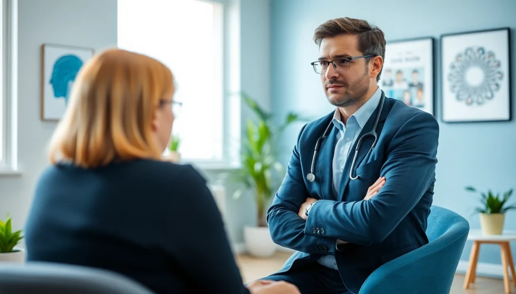A professional dubai psychiatrist conducting a compassionate session in a calming office setting.