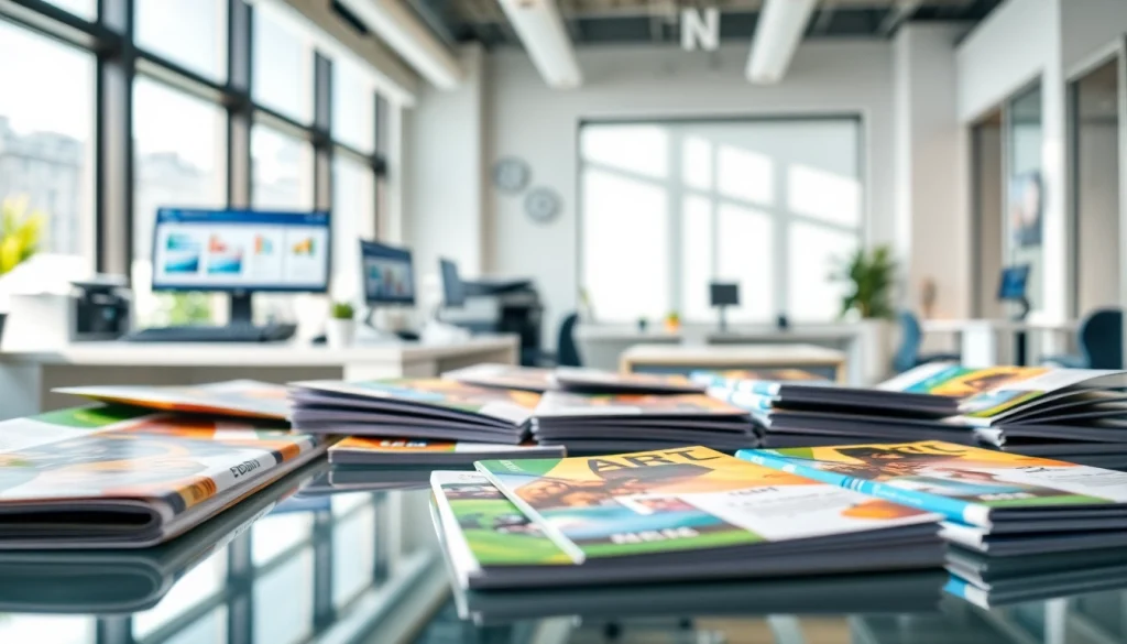 Engaging display of Apex Direct Mail marketing materials on a modern workspace table.