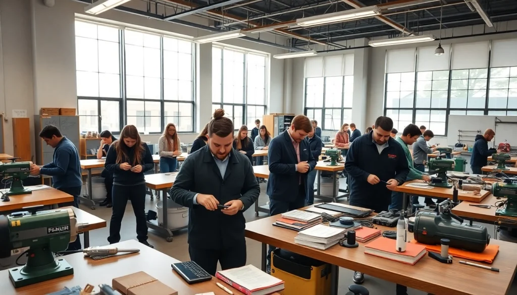Students learning in a trade school equipped with tools and technology.