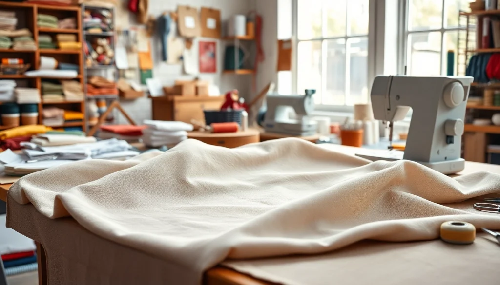 Canvas stof per meter op een naaitafel met kleurrijke stoffen en gereedschappen.