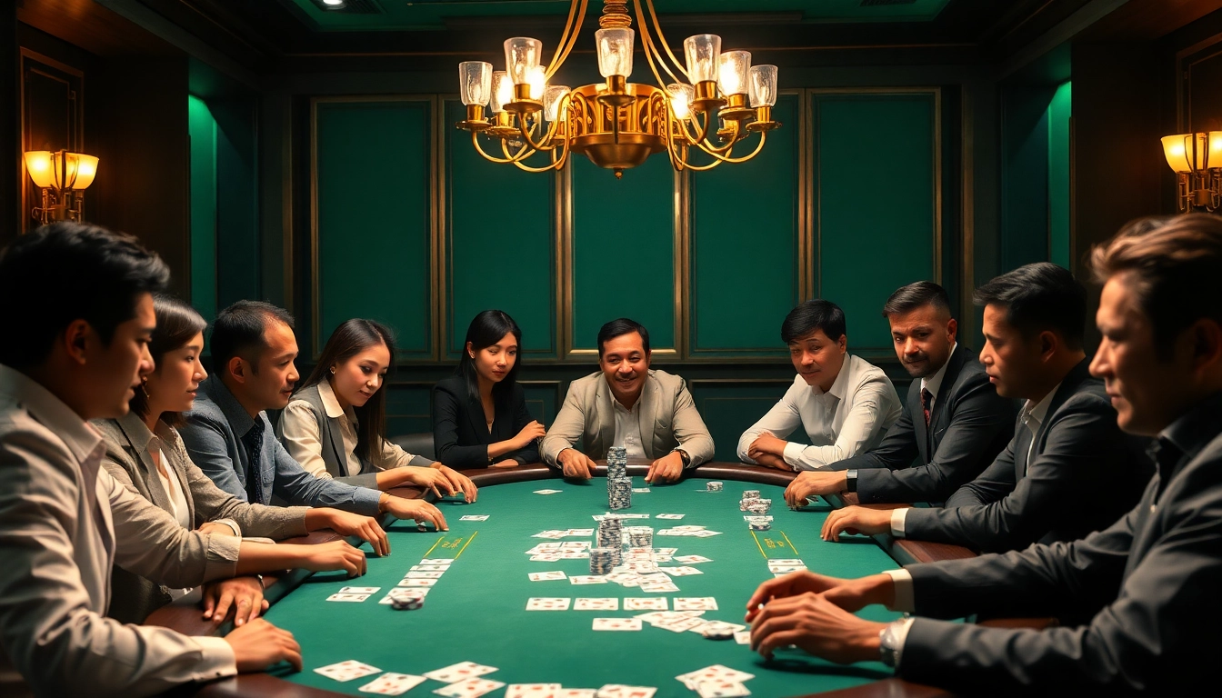 Pemain menikmati permainan judi poker yang mendebarkan di meja kasino mewah dengan chip dan kartu.