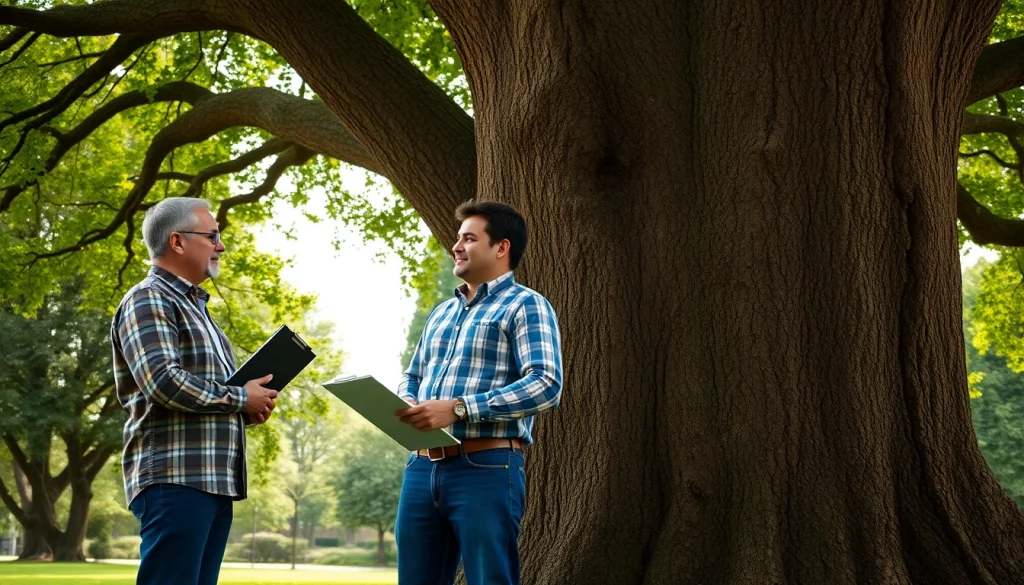 Tree Consultancy team discussing tree health with a client in a serene park setting.