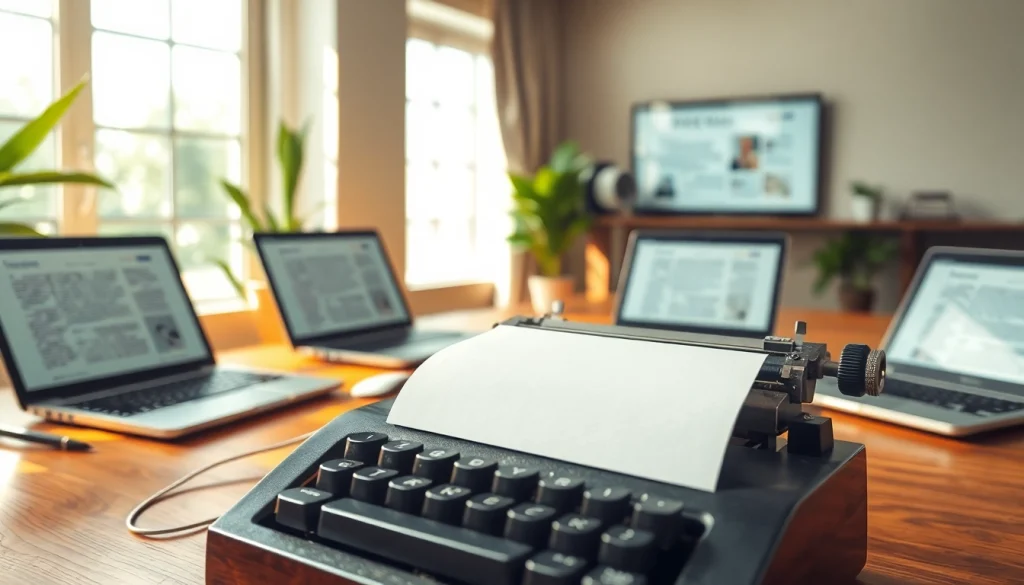 Crafting impactful press release India with a typewriter and digital elements.