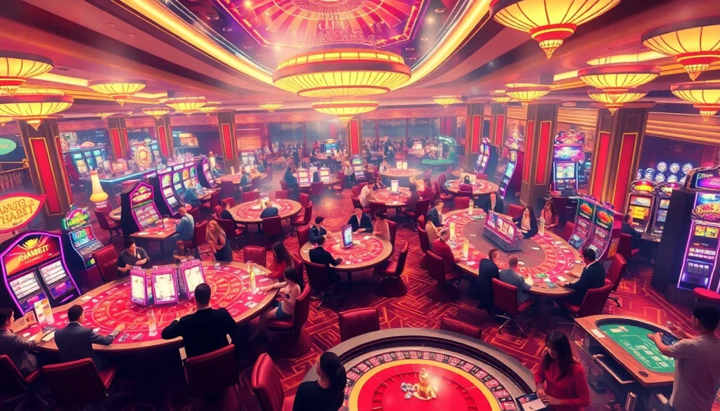 Engaging casino atmosphere at trang chủ thabet with players enjoying poker and roulette.