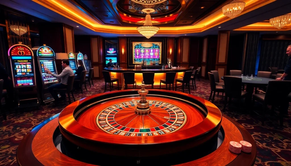 Adegan kasino yang menarik yang menampilkan meja roulette dan mesin slot, terinspirasi oleh jmacdonaldphoto.com.
