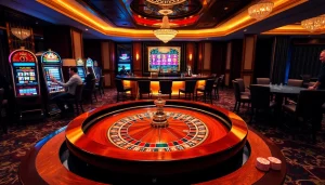 Adegan kasino yang menarik yang menampilkan meja roulette dan mesin slot, terinspirasi oleh jmacdonaldphoto.com.