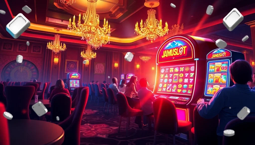 Engaged players enjoying the JAMUSlot gaming experience at a luxurious casino.