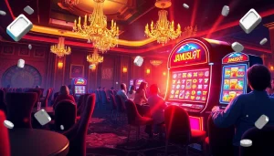 Engaged players enjoying the JAMUSlot gaming experience at a luxurious casino.