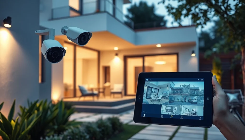 Hogar seguro con alarmas de seguridad que muestran tecnología de vigilancia moderna y monitoreo en vivo.