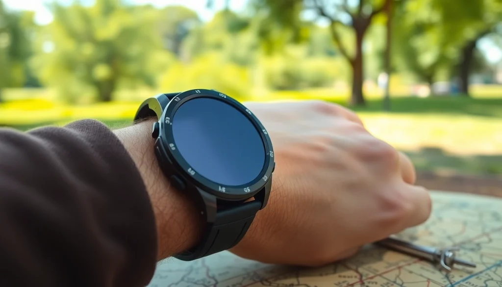 Using an Explorer GPS Smart Watch during an outdoor adventure, showcasing its features and sleek design.