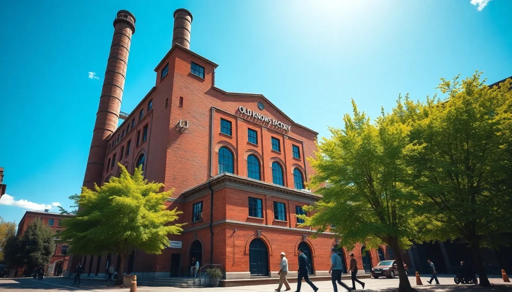 View of Old Knows Factory showcasing historic architecture against a bright sky.