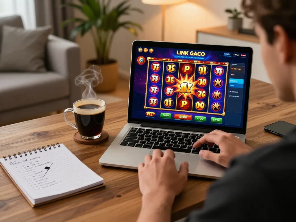 Engaging moment of a player using LINK GACO on a laptop to explore slot games, showcasing dynamic and colorful gaming interface.