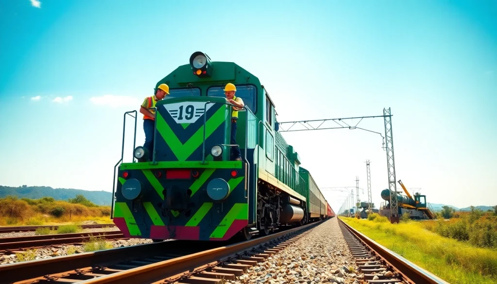 Engaged railway workers showcasing opportunities in rail jobs on a vibrant, scenic track.