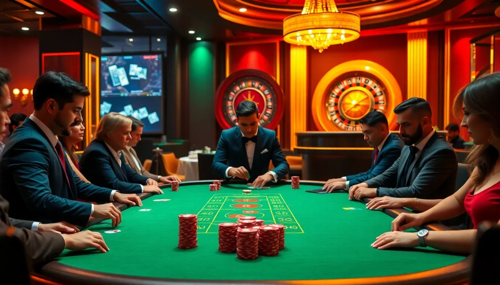 Profiter d'une partie de poker palpitante dans un casino en ligne de luxe avec une atmosphère vibrante et un gameplay stratégique.