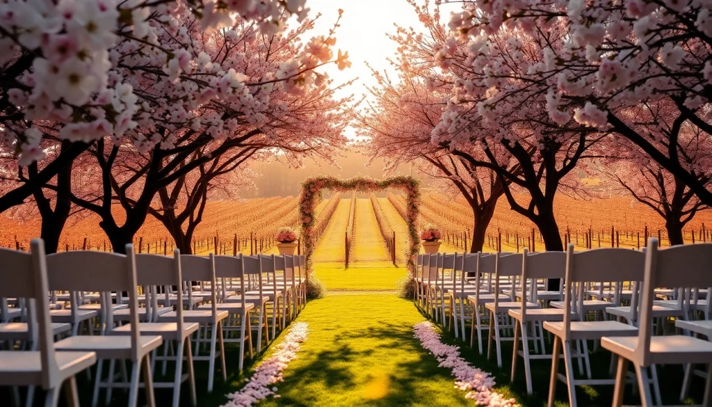 Charming Clarksburg wedding ceremony set amidst blooming cherry blossoms and vineyards.