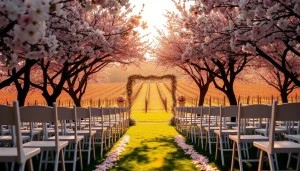 Charming Clarksburg wedding ceremony set amidst blooming cherry blossoms and vineyards.