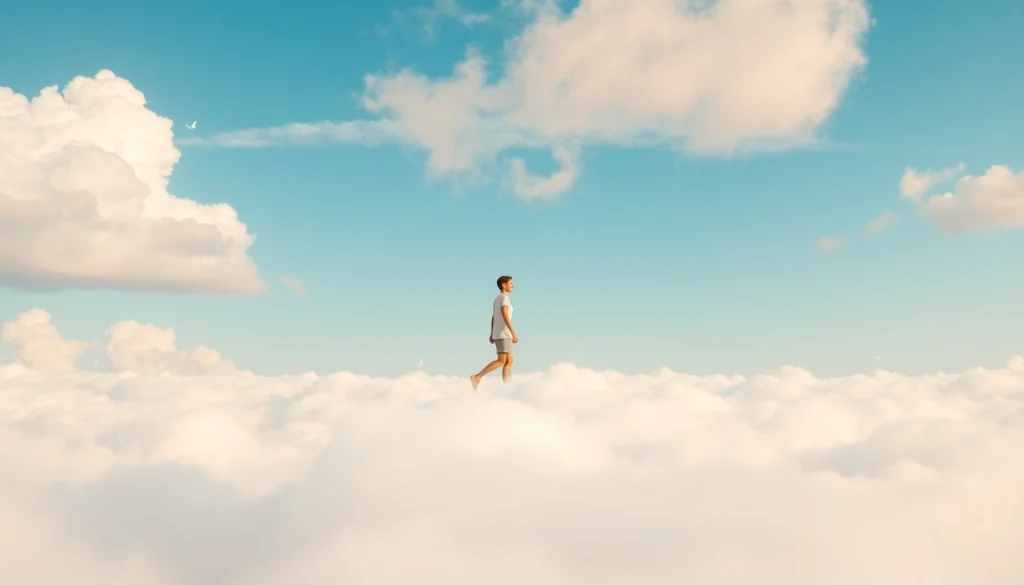 Walking on Clouds with a person in a serene cloud landscape under a bright sky.