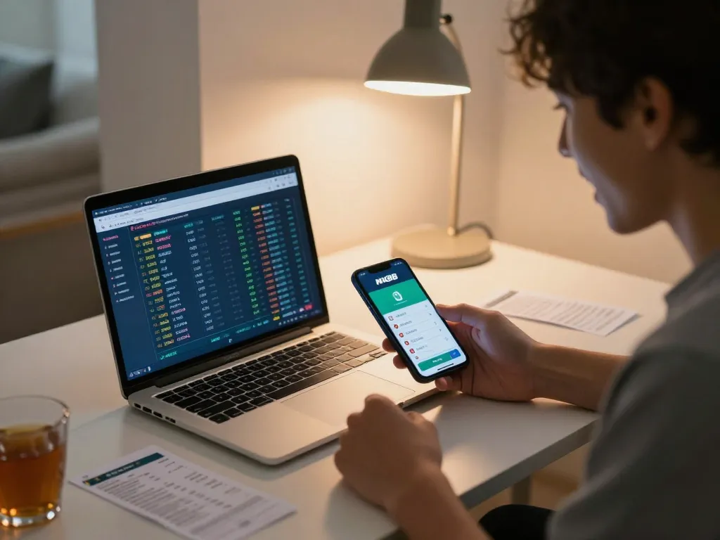 Engaged user analyzing Nk88 sports betting odds on laptop and smartphone in a modern home office.