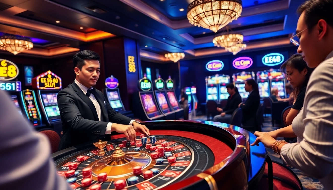 Winning moment at EE 88 online casino with vibrant gaming table and enthusiastic players.