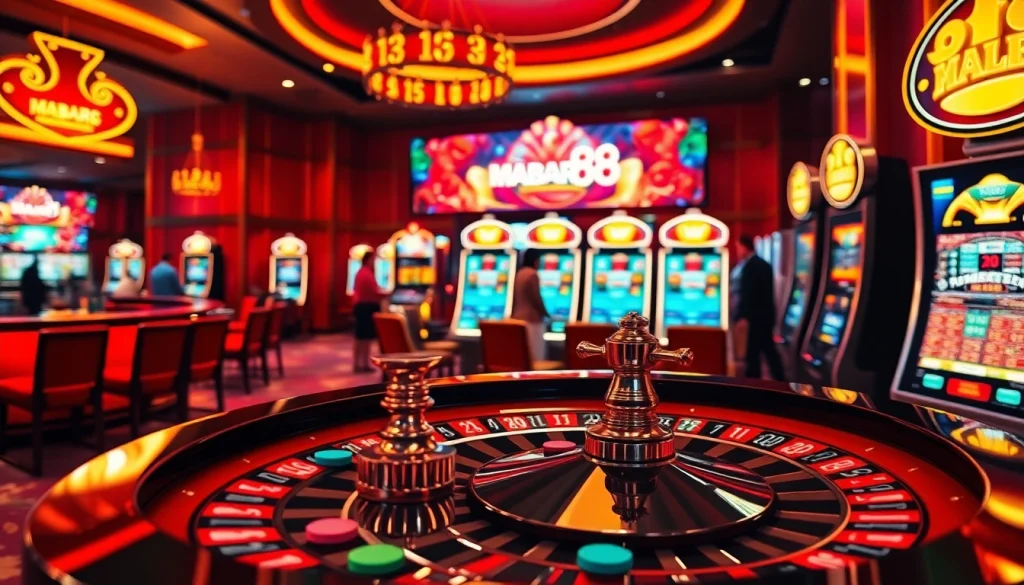 MABAR88 Situs menampilkan mesin slot yang penuh warna dan rolet dalam suasana kasino mewah.