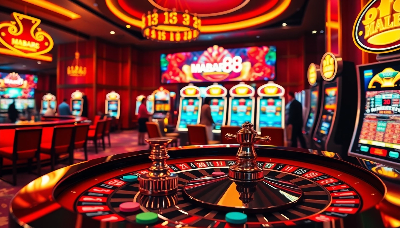MABAR88 Situs menampilkan mesin slot yang penuh warna dan rolet dalam suasana kasino mewah.