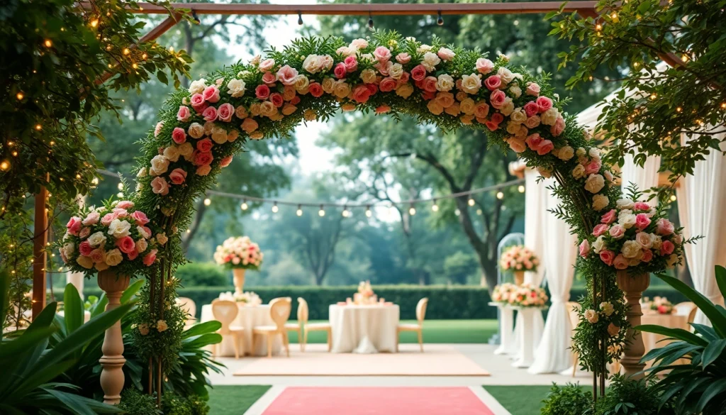 Captivating Weddings Venue with elegant floral decor and twinkling lights in a serene garden setting.