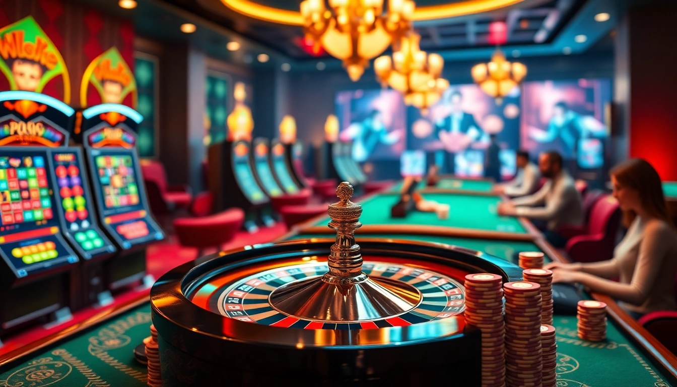 Casino en ligne présentant une atmosphère de jeu en ligne animée avec des tables de poker et des machines à sous.