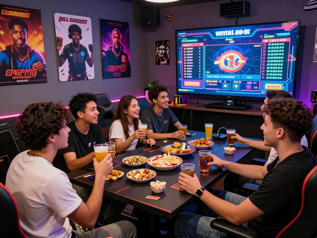 Suasana permainan yang menarik dengan teman-teman yang menikmati permainan slot laoban188 dalam lingkungan permainan online yang vibrant.