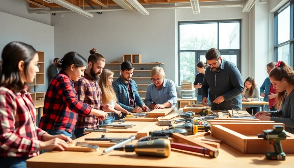 Students engaged in construction classes, actively learning in a bright classroom environment.