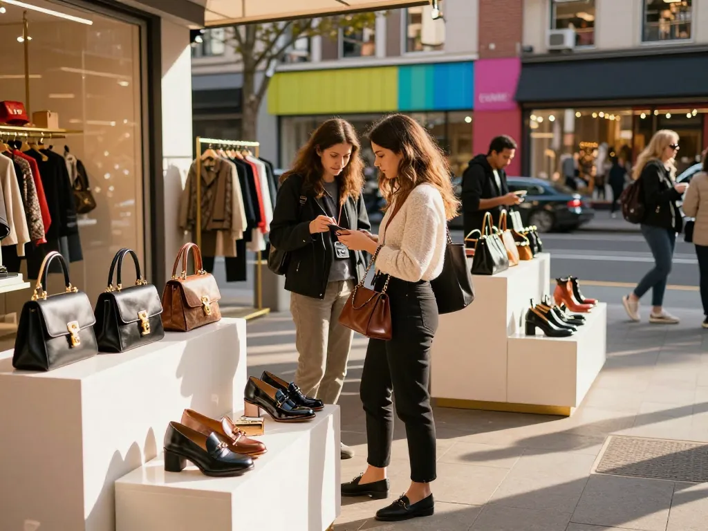 Shoppers exploring stylish luxury items at a 레플리카 쇼핑몰 in an urban setting, highlighting fashion trends.