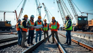 Railroad Contractors collaborating on track installation at a busy construction site.