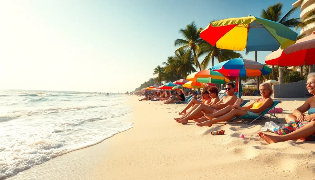 Experience the vibrant atmosphere of https://myrtlebeachsc.com/ with sunbathers and waves.