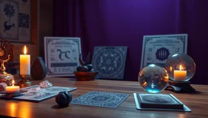 クリスタルやタロットカード、温かい雰囲気を特徴とした穏やかな占星術コンサルテーションシーンを通じて、洞察に満ちた電話占い 当たるを体験してください。