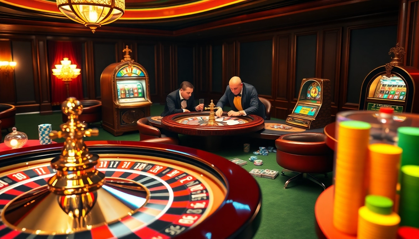 Scène excitante de joueurs à une table de casino en ligne avec des jetons de poker vibrants et une roulette.