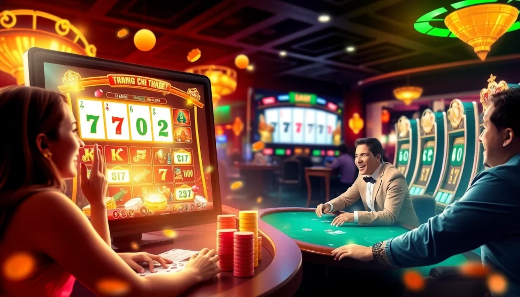 Experience excitement on trang chủ thabet with players enjoying poker and slots in a vibrant casino scene.