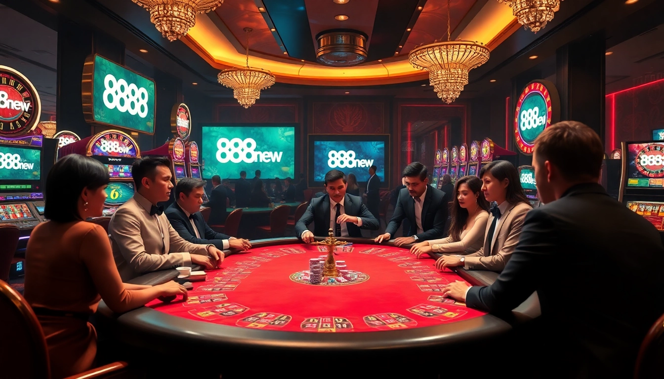 Players engaging with slot machines and poker tables at a luxurious casino scene featuring 888new elements.
