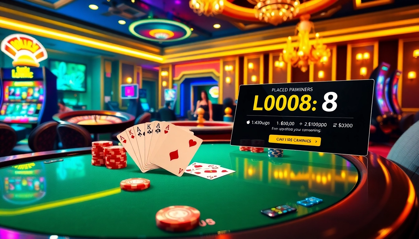 Luck8 casino scene showcasing poker tables, vibrant chips, and a spinning roulette wheel for an exciting gaming experience.