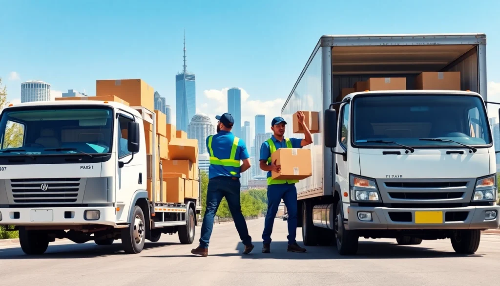 Efficient province to province movers handling boxes with teamwork in a bright urban area.