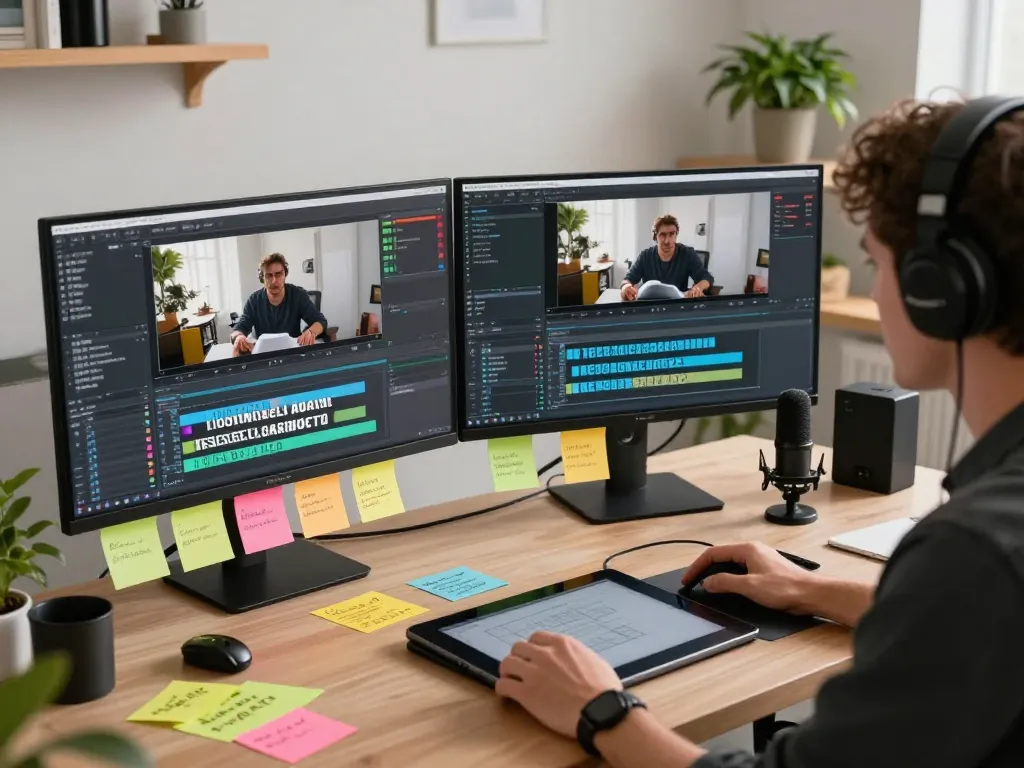 Transform video to prompt with an innovative video analysis workstation showcasing digital artist engaged in AI transformations.
