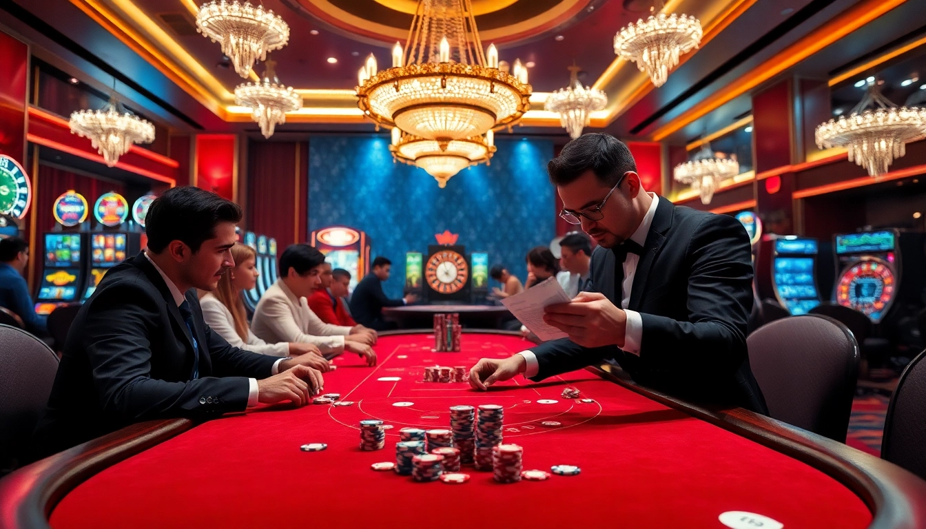 High-stakes poker gameplay illustrating Nhà cái uy tín QQ88 in a luxurious casino setting with rich colors.