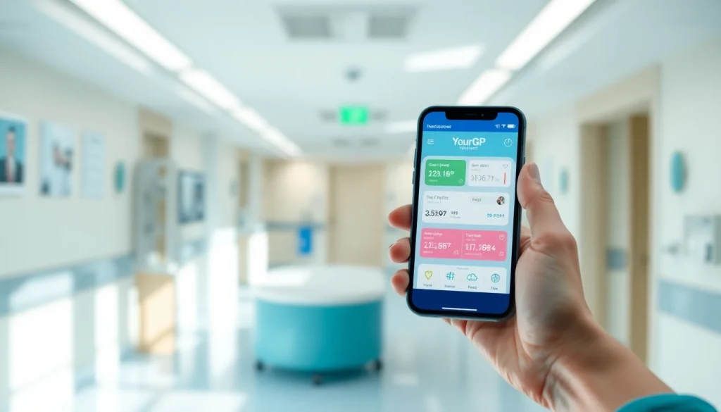 YourGP app displayed on a smartphone in a professional healthcare setting.