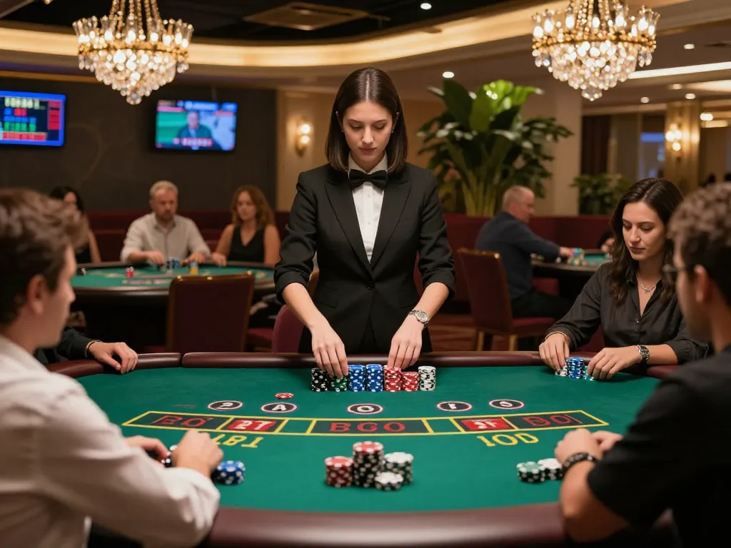 Live baccarat game in an elegant casino setting, showcasing players and dealer in action.