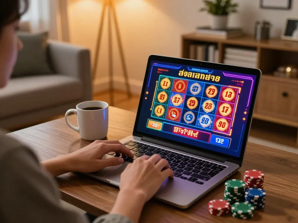 Player enjoying สล็อต online on a laptop with chips nearby in a cozy living room