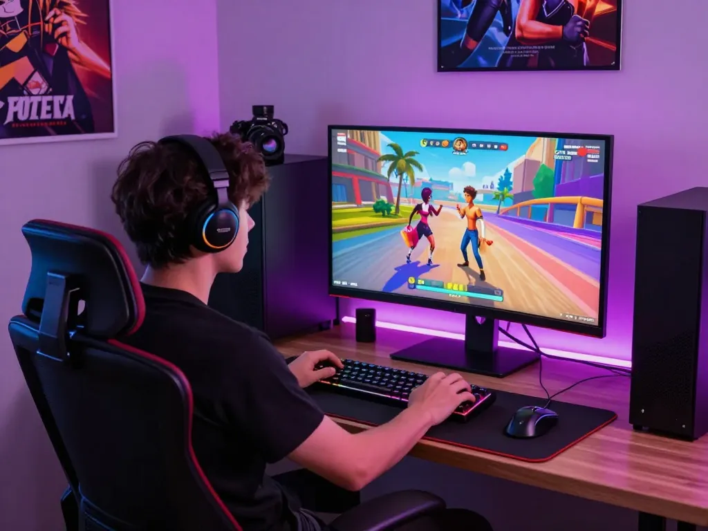 Gamer immersed in a sex simulator game with colorful graphics and vibrant atmosphere