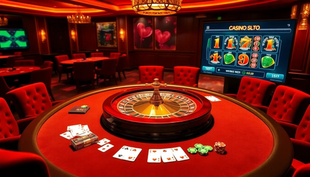Découvrez le luxe d'un casino en ligne avec une élégante roulette, des jetons de poker et une interface en ligne dynamique.