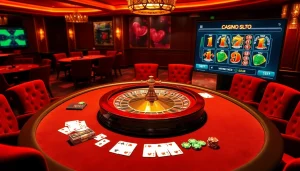 Découvrez le luxe d'un casino en ligne avec une élégante roulette, des jetons de poker et une interface en ligne dynamique.